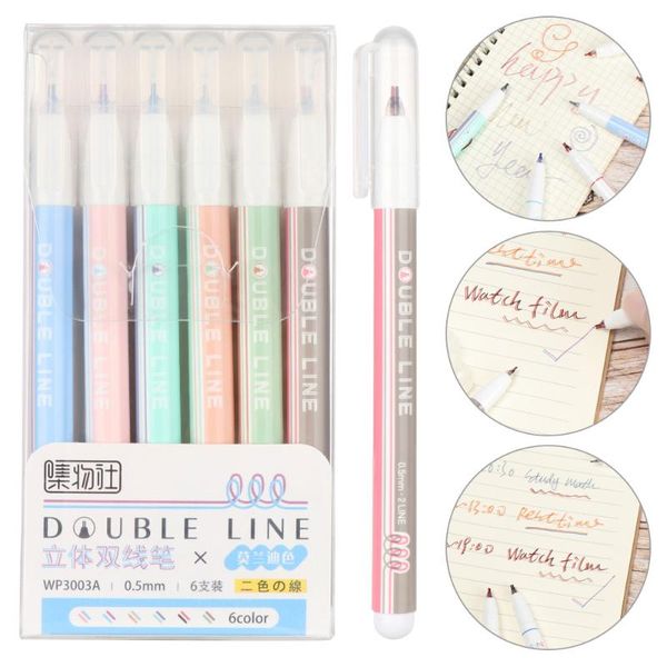 

6pcs/set creative double line pen highlighters art drawing graffiti student reading marker diy diary handbook decor supplies, Black;red