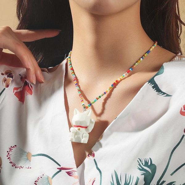 

pendant necklaces 2021 trend animal lucky cat rice bead necklace female bohemian creative exaggerated handmade beaded chain, Silver