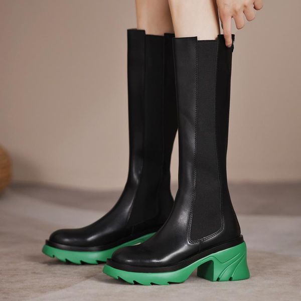 

boots designer fashion boot women pu leather knee high 2021 round toe chunky heels party shoes long, Black