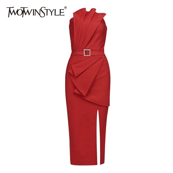 Rotes Patchwork-Rüschenkleid für Frauen, trägerlos, ärmellos, hohe Taille, unregelmäßige Schärpen, sexy Kleider, Damenmode, 210520