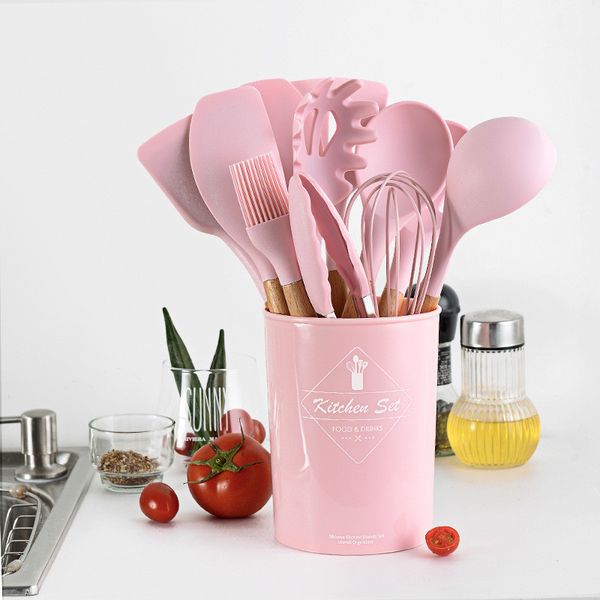

9/11/12pcs silicone cooking utensils set non-stick spatula shovel wooden handle cooking tools set with storage box kitchen tools 407 s2