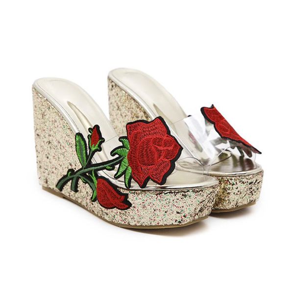 

embroidery rose flower transparent wedges slipper women casual sequins platform shoes fish-mouth beach slippers, Black