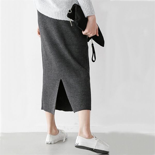 

women skirts elastic autumn winter warm knitted straight skirt plus size mid-long skirt black 211120