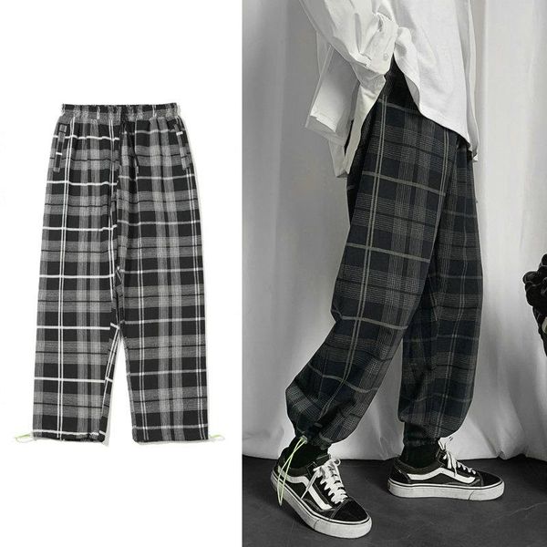 

men's pants plaid casual harem korean man 2021 loose ankle-length trousers harajuku streetwear joggers male clothing, Black