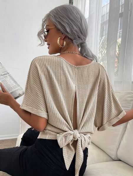 

solid knot back waffle tee p5s7#, White
