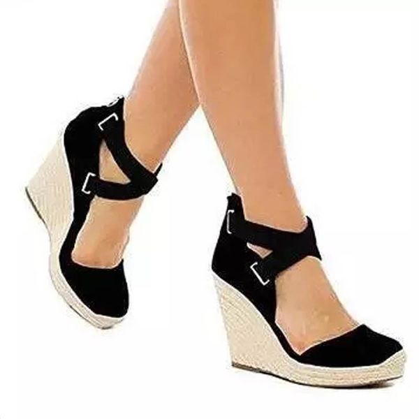 

women sandals high heels wedges pumps ladies cross strappy platform espadrilles shoes woman big size footwear zapatos mujer dress, Black