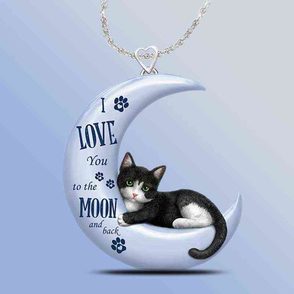 Exquisite blaue Mond-Katze-Anhänger-Halskette für Frauen, niedliche Halbmond-Anhänger-Halskette, Hochzeit, Verlobung, Schmuck, Geschenk für Tochter G1206