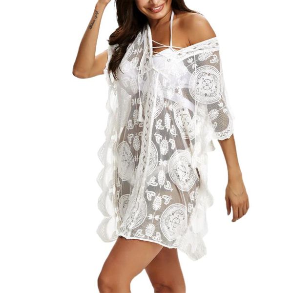 

women solid color swimsuit bikini blouse beach cover ups lace mesh transparent loose style v-neck swimwear female bathing suit women's, White;black