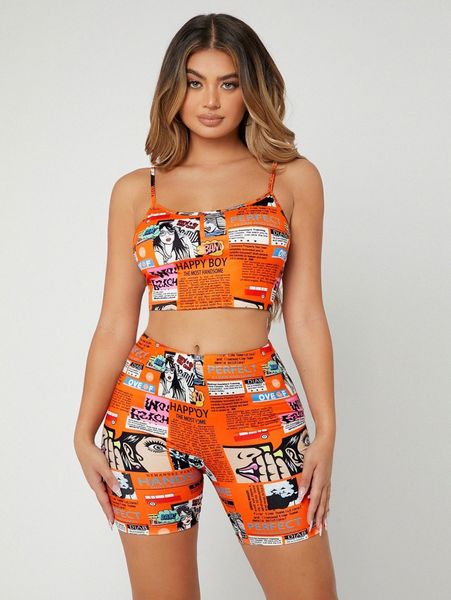 

sxy pop art print cami and biker shorts set 50n6#, White