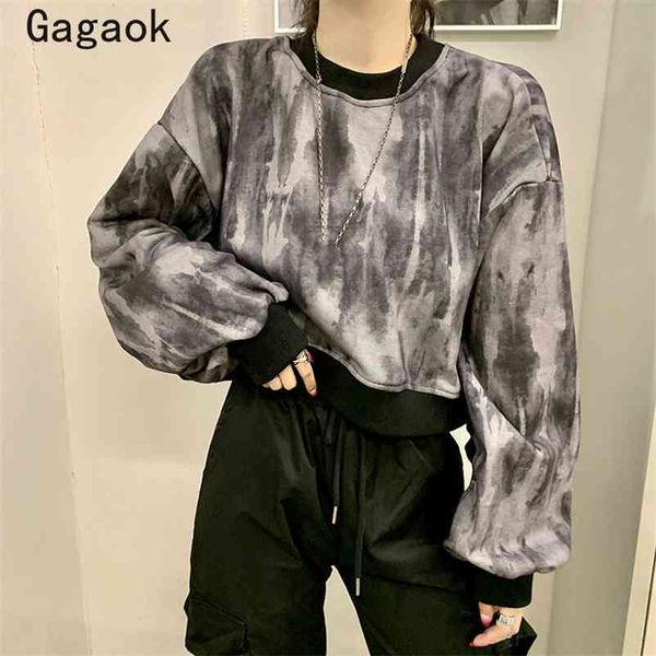 

sweatshirt women spring autumn short o-neck tie dye wild hoodies loose casual harajuku fashion pullovers 210531, Black