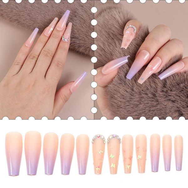 

false nails 24pcs ombre artificial fake butterfly ballet coffin wear long paragraph manicure patch press on art, Red;gold