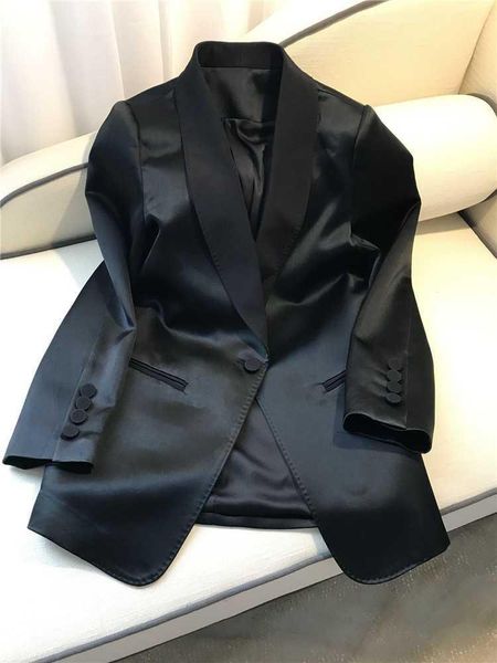 

women's suits & blazers satin black women autumn 2021 pocket straight loose vintage long office lady outwear coats, White;black