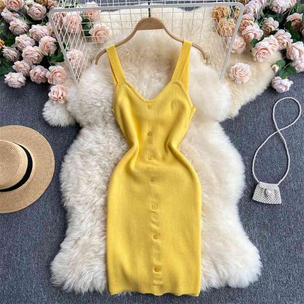 

ins fashion v-neck knitted dress women solid color spaghetti strap sleeveless bodycon mini slim fit summer chic 210603, Black;gray