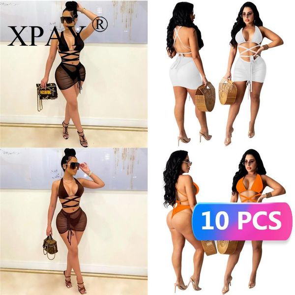 

women's swimwear bulk items wholesale lots bandage solid bikinis set three three-piece with chest covering buttock drawstring x7020-1, White;black