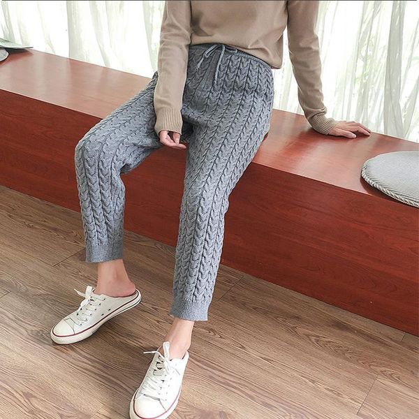 

down casual harem winter thicken women capris drawstring knitted autumn twisted sweater trousers, Black;white