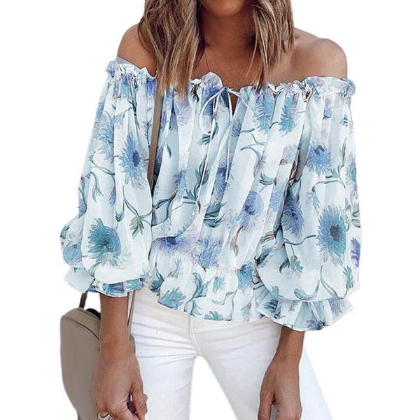 

women's blouses & shirts summer women shirt floral print puff sleeve blouse off shoulder hollow drawstring elegant wedding party 2021, White