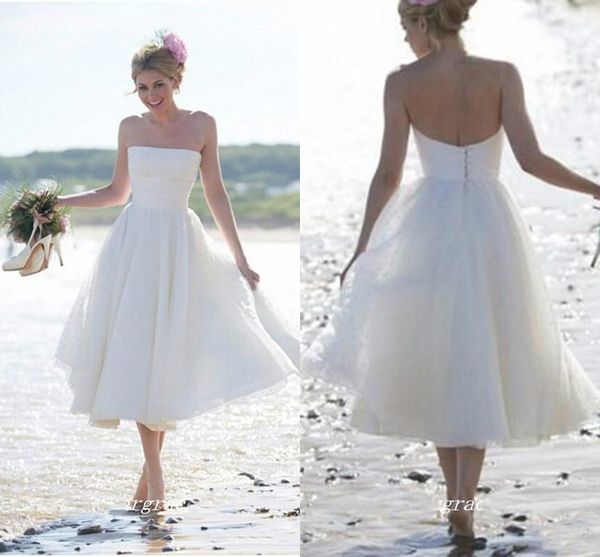 Маленькие белые платья Boho короткие без бретелек летом пляж свадебное платье чайное расстояние без спинки свадебное платье плюс размер халат де Марие