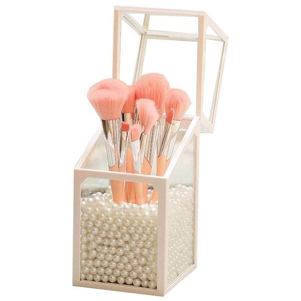 

glass makeup brush holder, transparent, dustproof, organizer for vanity or bathroom with pearls storage boxes & bins