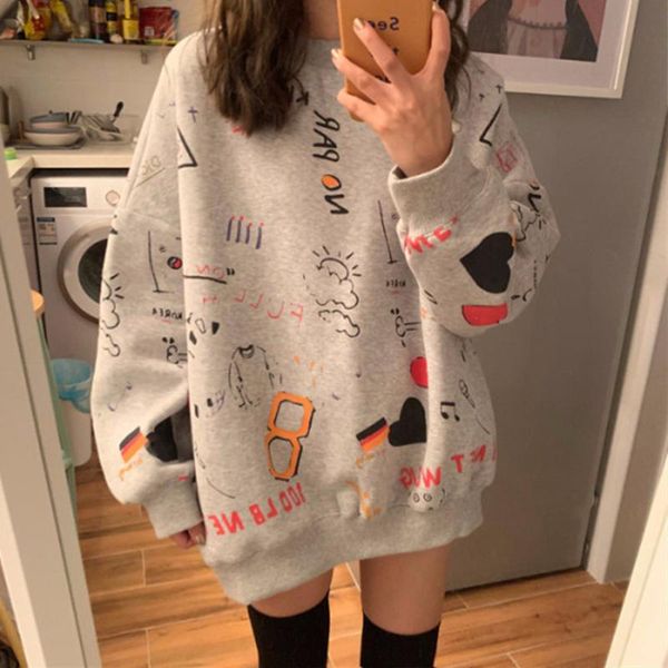 

women's hoodies & sweatshirts 2021 fashion female autumn slim korean graffiti student loose womens pullover long sleeve, Black