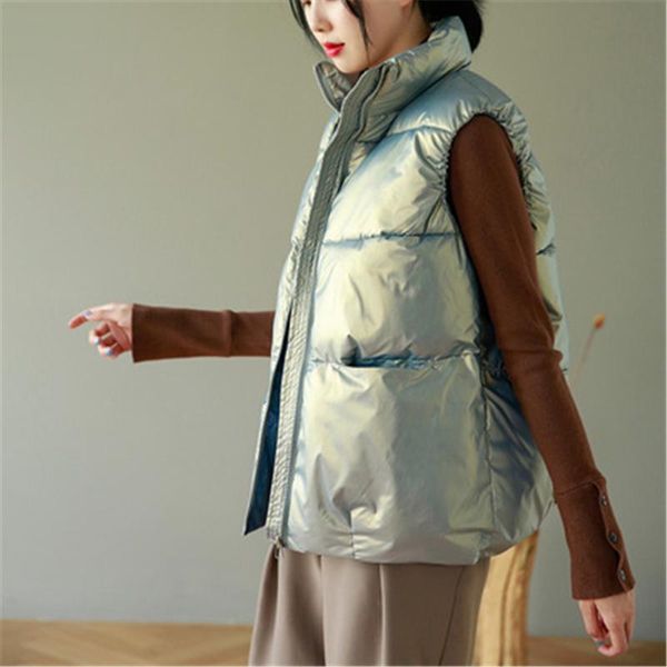 

women's vests korean shinny waterproof winter vest waistcoat 2021 women basic warm parkas thick coat sleeveless jacket female, Black;white