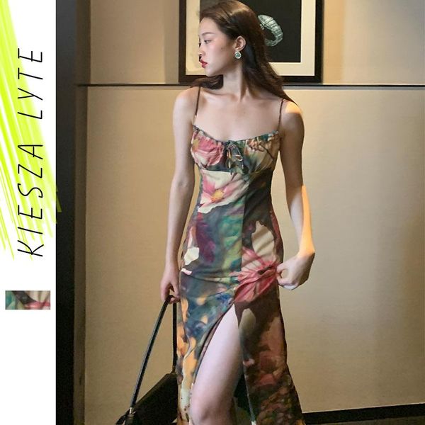 

casual dresses french strap floral dress summer 2021 women vintage vacation holiday slit party beach vestido, Black;gray