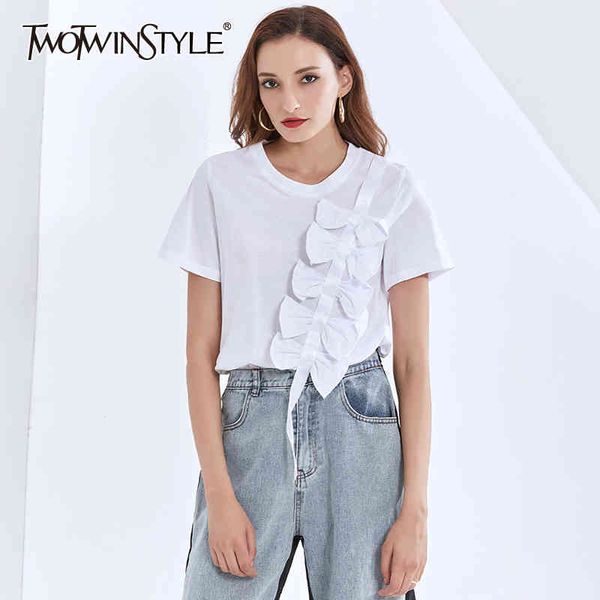 

patchwork bowknot for women o neck short sleeve casual white basic t shirts female fashion summer 210524