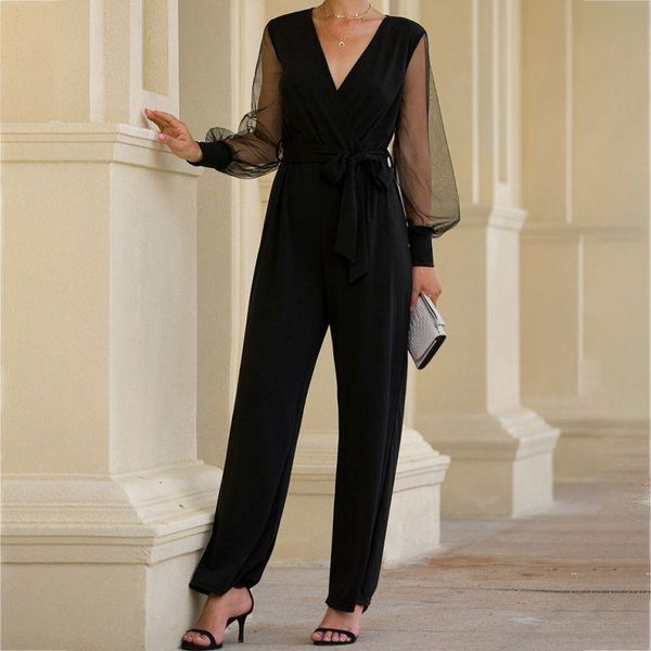 

women's jumpsuits & rompers women jumpsuit black solid mesh long sleeve v neck party club bodysuit short, Black;white