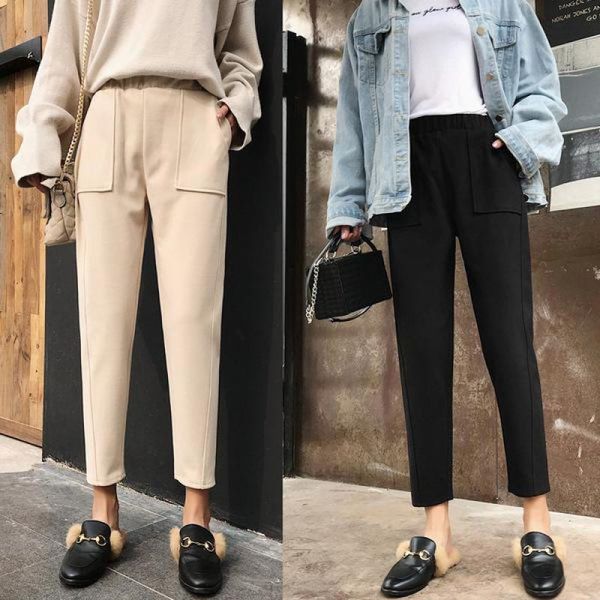 

women's pants & capris 2021 autumn winter simple casual woolen nine point korean elastic high waist slimming women foot, Black;white