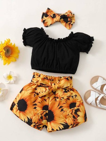 

baby girl frill trim & floral shorts & headband she, White