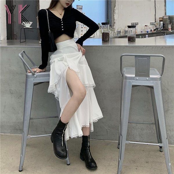 

women high waist white skirts summer irregular split long for lace midi female streetwear mujer faldas, Black