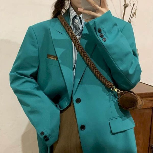

women's jackets y2k teal women's coat, retro long sleeve suit, korean trend, western style, cool loose jacket, spring and autumn,, Black;brown