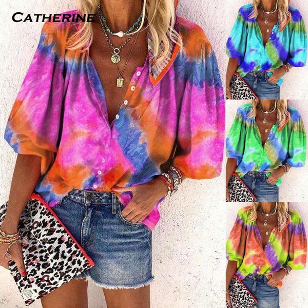 

plus size fashion tie dye print blouse three quarter sleeve v-neck tee casual summer ladies female women blusas pullover women's blouse, White