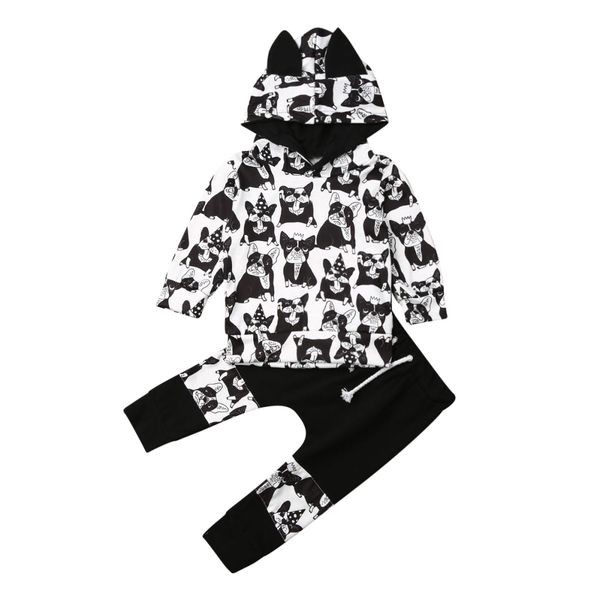 

0-24months new born infant baby boy clothing set dog printed hooded sweatshirts +pants 2pcs set spring fall casual outfits, White
