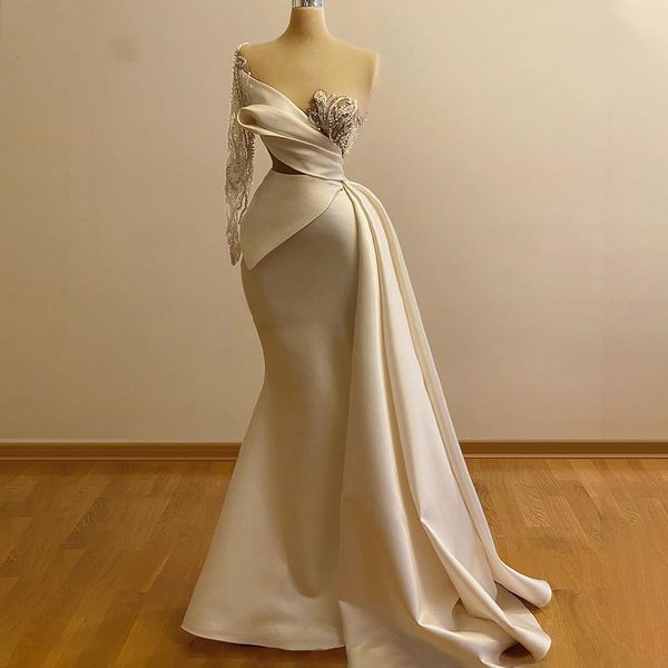 

one shoulder mermaid prom dress beads crystal long sleeves formal evening gowns dubai arabic robe de mariÃ©e, Black