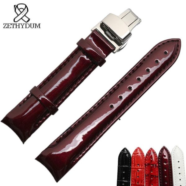 

watch bands glossy genuine leather strap thick watchband 18mm band women wristwatches belt butterfly buckle red for t035, Black;brown