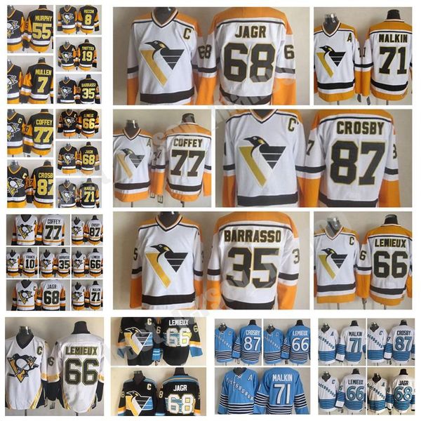 

fashion retro pittsburgh penguins jersey 68 jaromir jagr 35 tom barrasso 77 paul coffey 66 mario lemieux black mens stitched hockey jerseys, Black;red