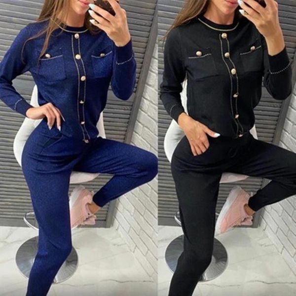 

women's two piece pants round-neck pocket button knitting sports suit gold and silver silk two-piece set, White