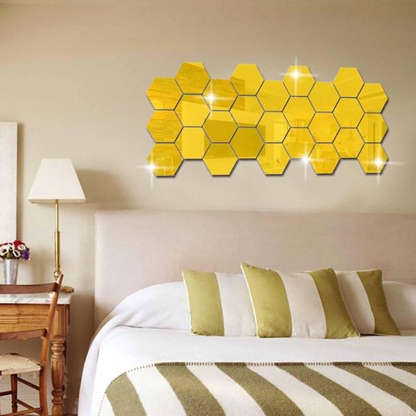 

wall stickers 12pcs hexagon mirror sticker paste acrylic three dimensional home decoration bedroom wallpaper