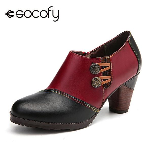 

dress shoes socofy pumps genuine leather color splicing stitching retro metal button zipper comfy women ladies 2021, Black