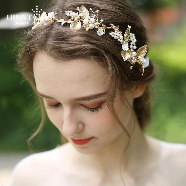 

hair clips & barrettes himstory delicate gold leaf women prom headpiece hairband pearl bridal tiara headband handmade wedding accessorie jew, Golden;silver