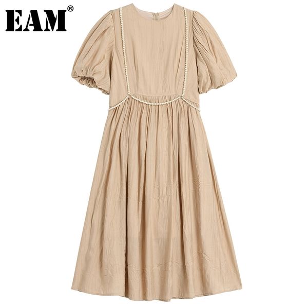 

[eam] women black beading strap pleated dress round neck puff short sleeve loose fit fashion spring summer 1dd8492 21512, Black;gray