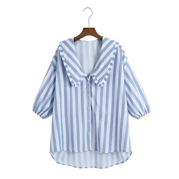 

striped printed blouses women print peter pan collar short lantern sleeve button up loose shirts female summer chic retro, White