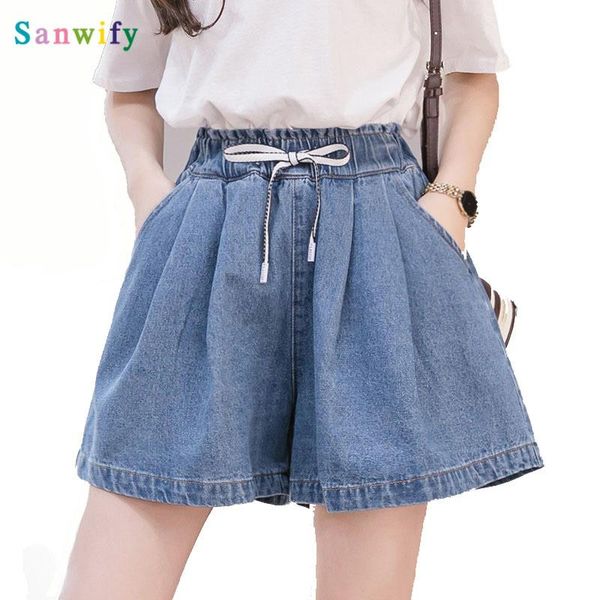 

women denim shorts classic vintage high waist blue fashion female plus size loose casual wide leg tether women's, White;black