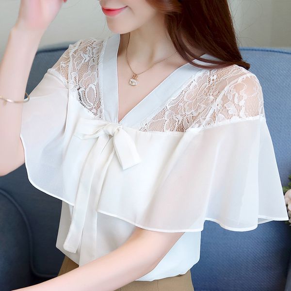Blusas Mujer De Moda Yaz Beyaz Bluz Kısa Kollu Bluz Kadın Yay V Yaka Hollow Dantel Şifon Bluz Gömlek Clohtes D67 210426