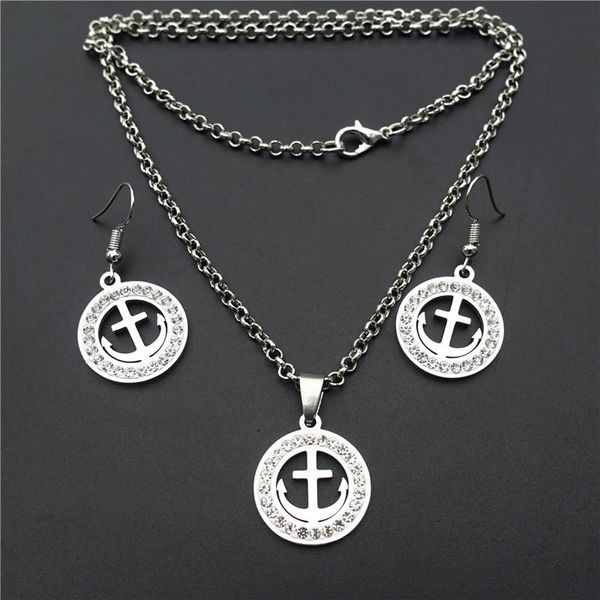 

earrings & necklace anchor stainless steel jewelry set clay inlaid rhinestone for women girls, Silver