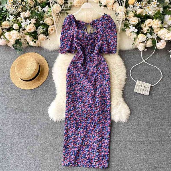 

women hollow-out backless lace-up square neck pleated high waist slim retro floral print dress elegant package hip vestidos p124 210527, Black;gray