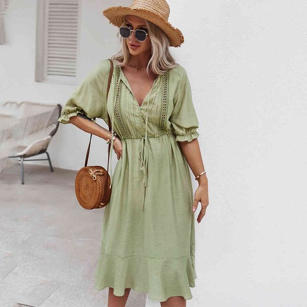 

dress hollow out midi dress women 2021 summer a line puff sleeve button v neck lace up ladies casual elegant holiday dresses eiyk, Black;gray