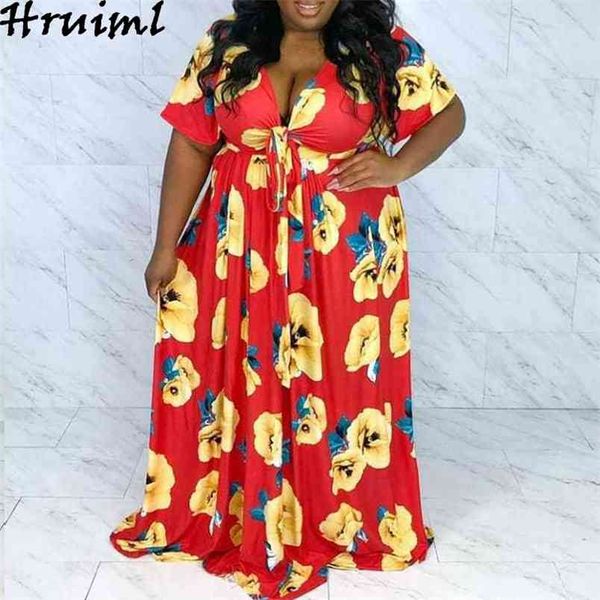 

plus size xl-5xl maxi dresses for women lace-up fashion casual short sleeve floral print africa style summer sundress female 210513, Black;gray