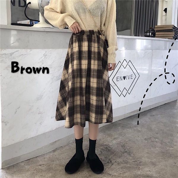 

skirts vintage plaid pleated long wool winter women punk rock korean woolen skirt streetwear drawstring elastic waist midi, Black