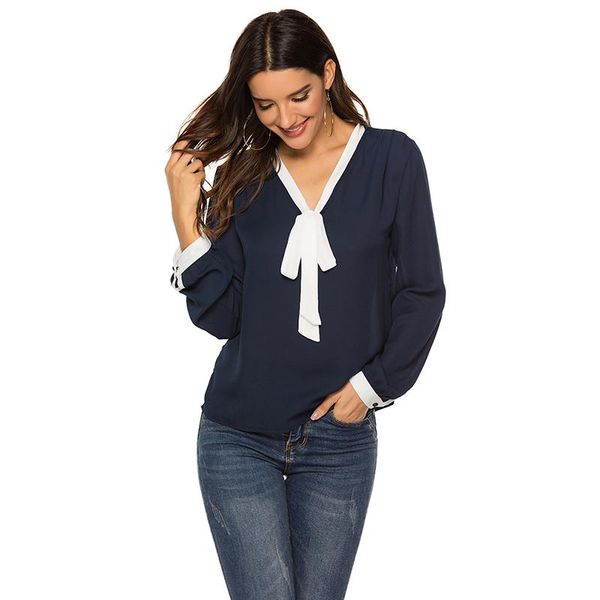 

women's blouses & shirts women chiffon shirt contrast color bow v neck long sleeve workwear blouse casual, White
